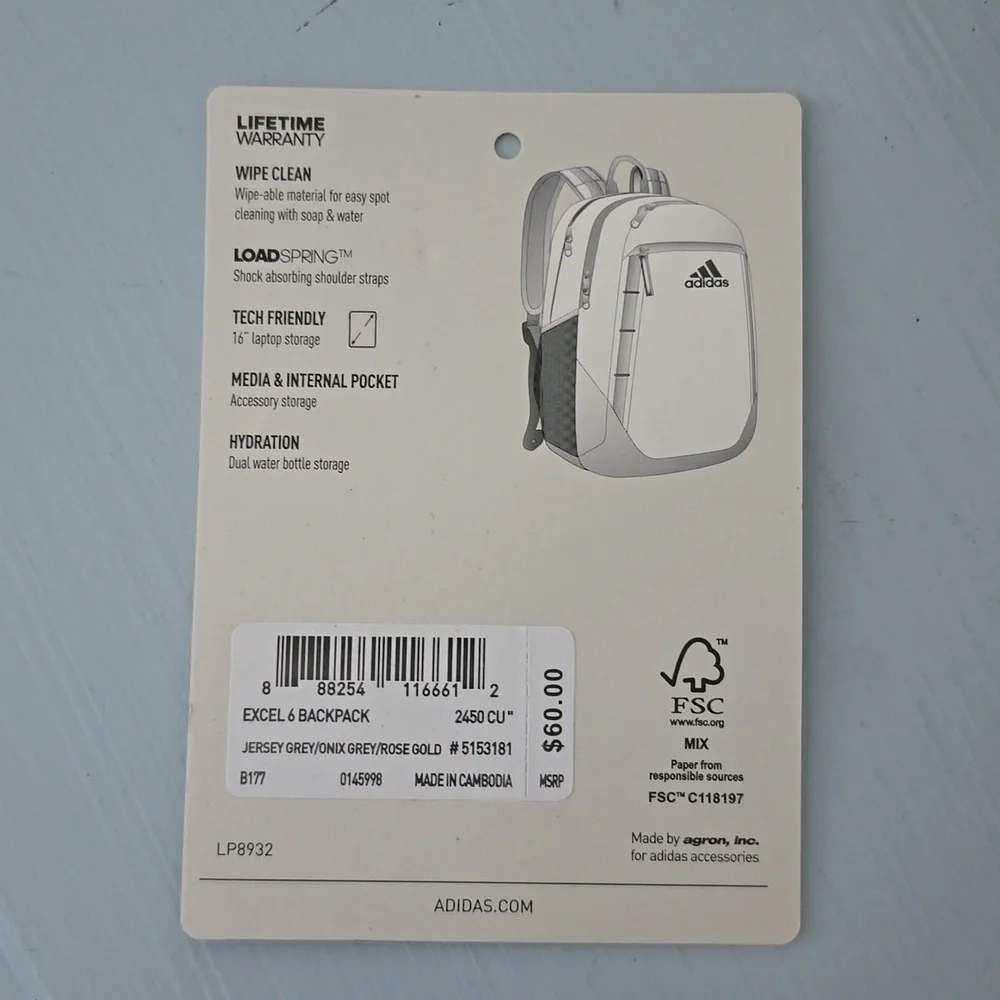 8/12 Adidas Excel 6 Backpack School Book Bag
